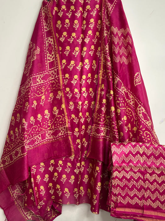 Chanderi 4 ply Silk Hand Blockprint Dress Material