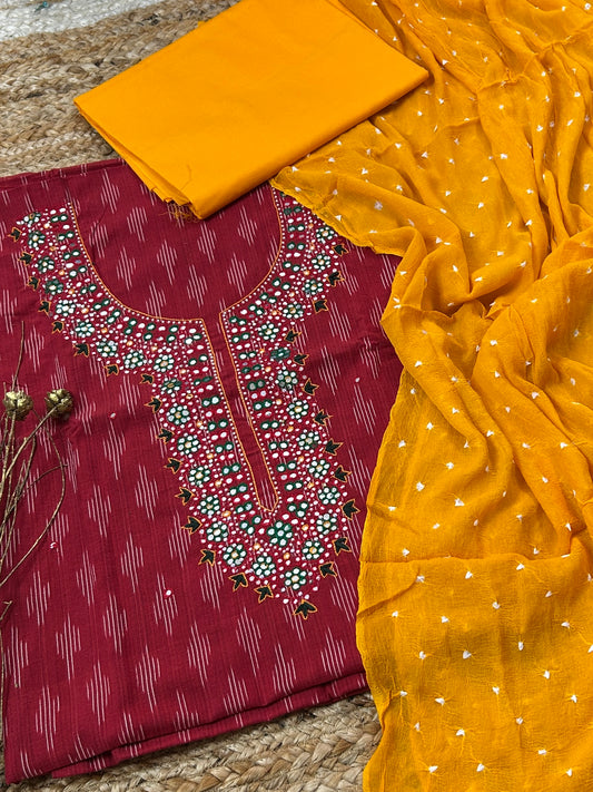 Mirror work Ikat Cotton Dress Material with Pure Chiffon Dupatta