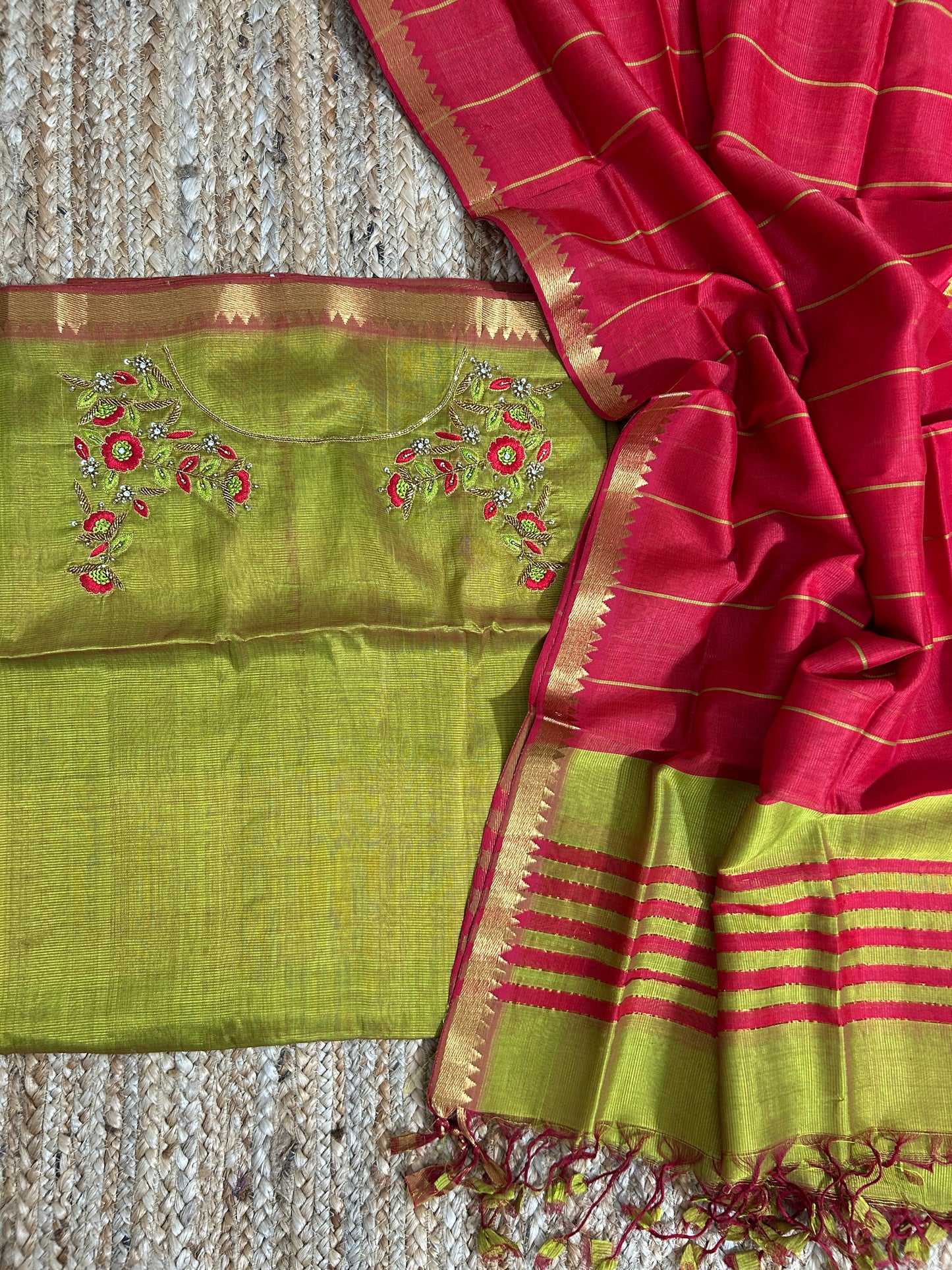 Mangalagiri Silk Dress Material with Maggam Handwork