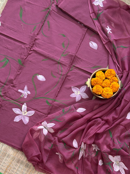 Hand Painted Cotton Dress Material with Chiffon Dupatta