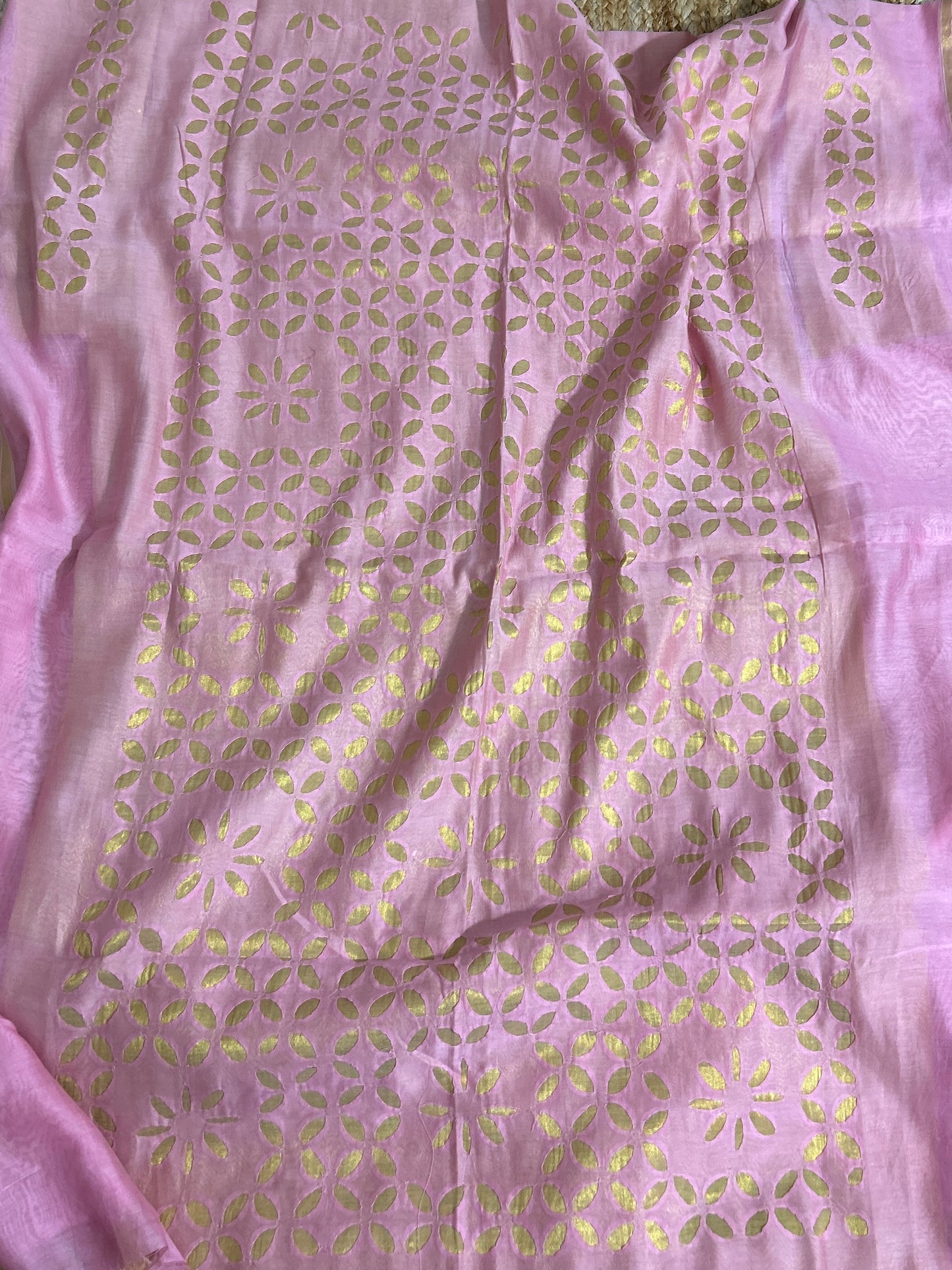 Pink Appliqué Work Chanderi Silk Kurti Fabric