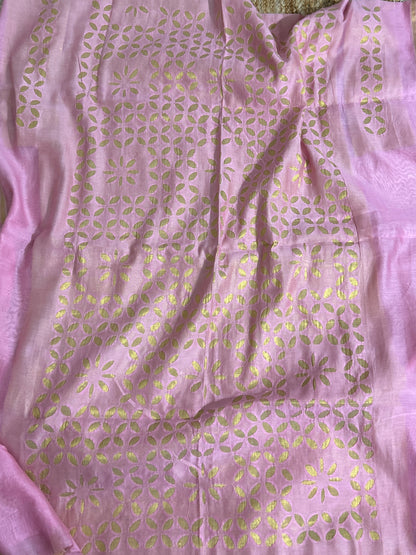 Pink Appliqué Work Chanderi Silk Kurti Fabric