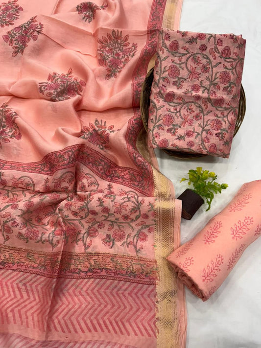 Hand Block Print Maheshwari Silk Cotton Dress Material