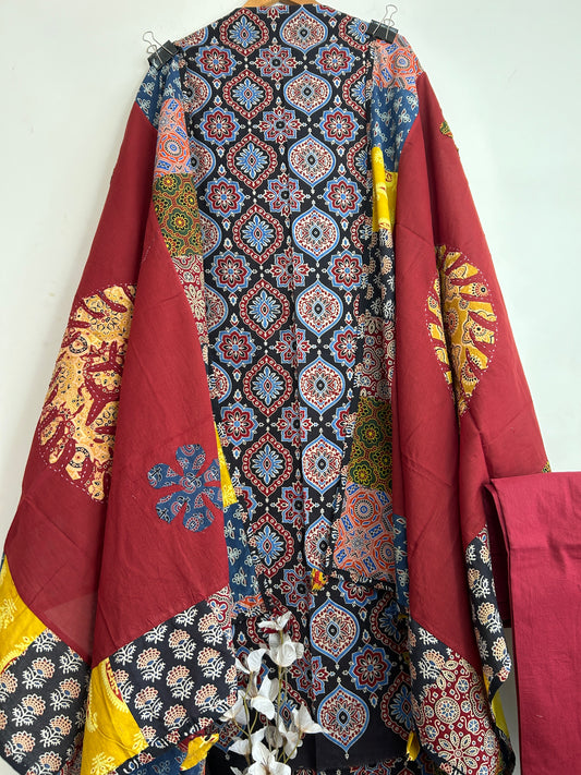 Ajrakh Cotton Dress Material with Mirror work Dupatta