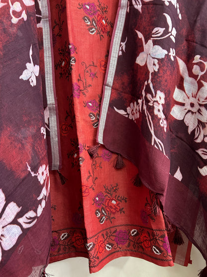 Linen Cotton Dress Material with Cross Stitch Embroidery