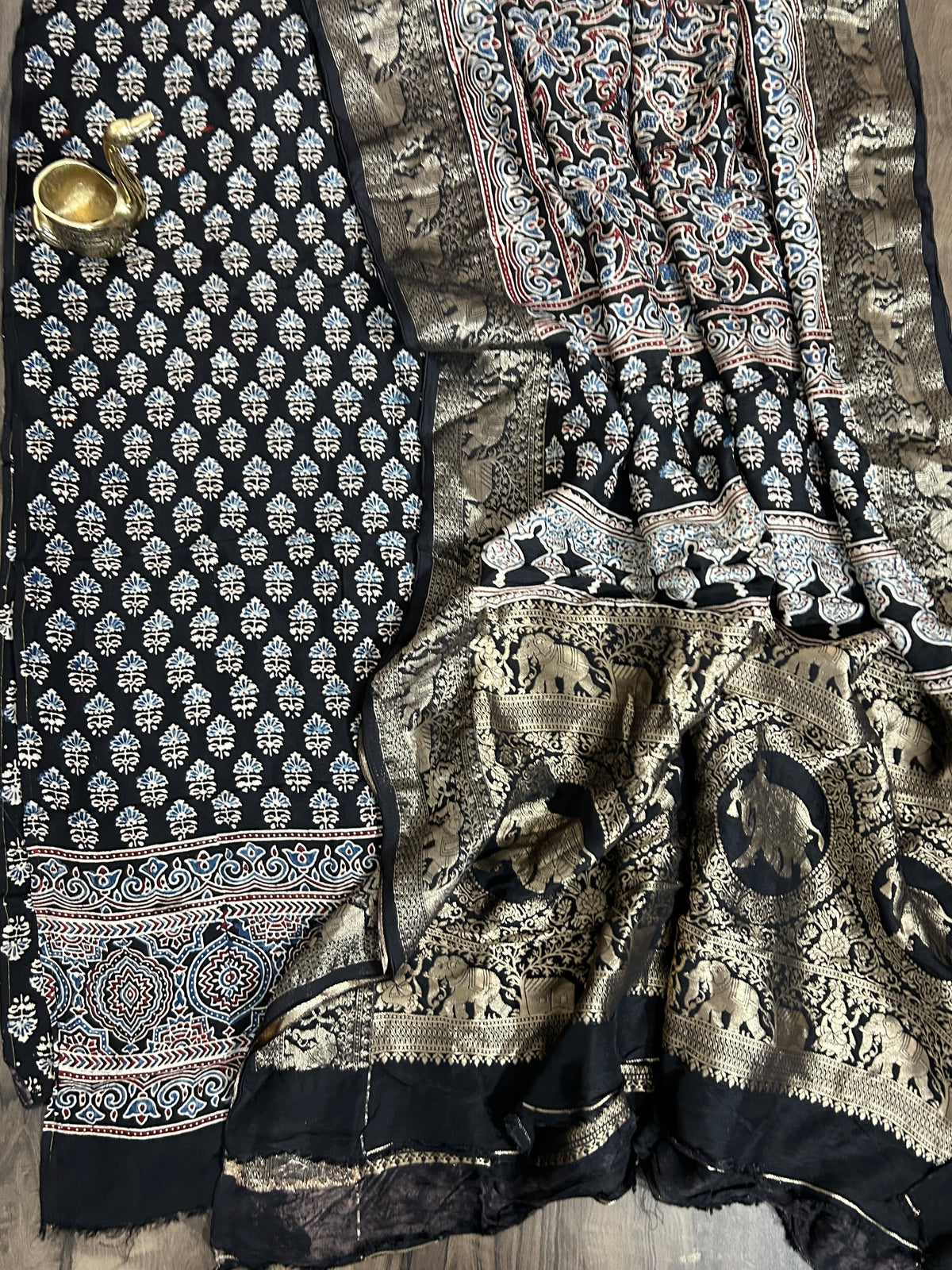 Ajrakh Dola Silk Dress Material wth Banarasee Border Dupatta