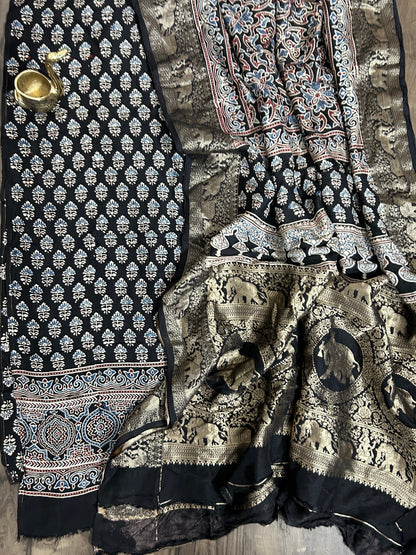 Ajrakh Dola Silk Dress Material wth Banarasee Border Dupatta