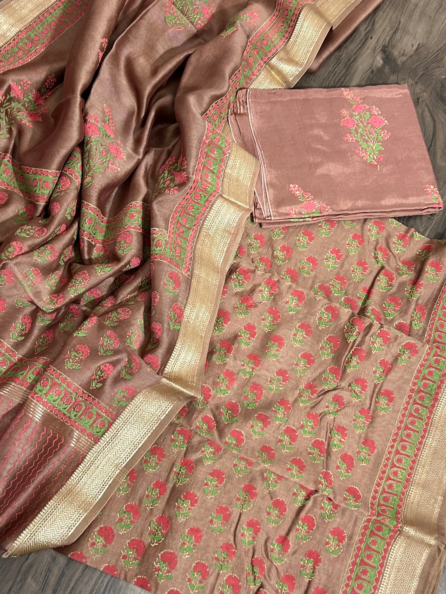 Hand Block Print Maheshwari Silk Dress Material with Shantoon Bottom