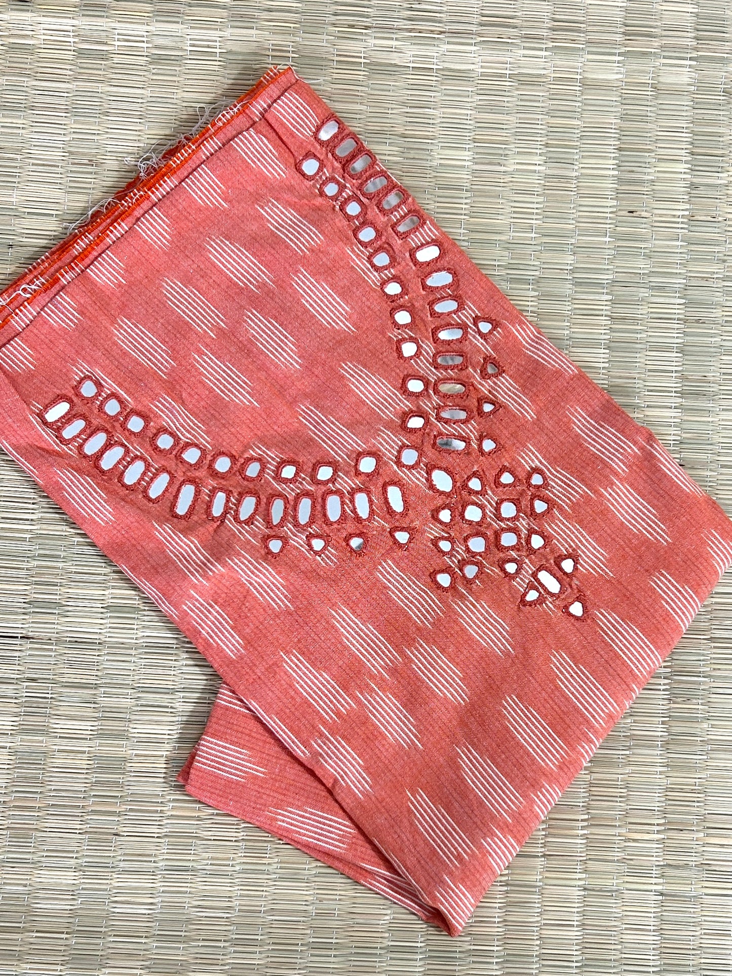 Peach Mirror Work Ikat Cotton Unstitched Kurti