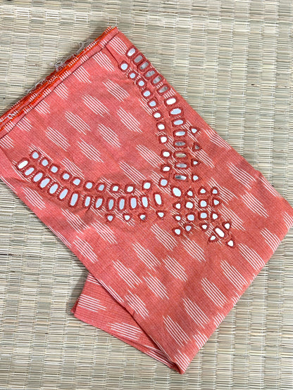Peach Mirror Work Ikat Cotton Unstitched Kurti
