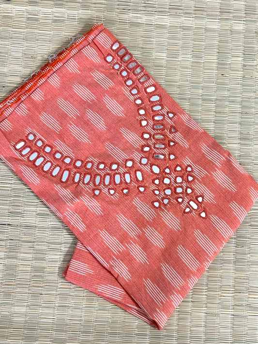 Peach Mirror Work Ikat Cotton Unstitched Kurti