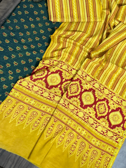 Ajrakh Cotton Dress Material with Hakoba Top