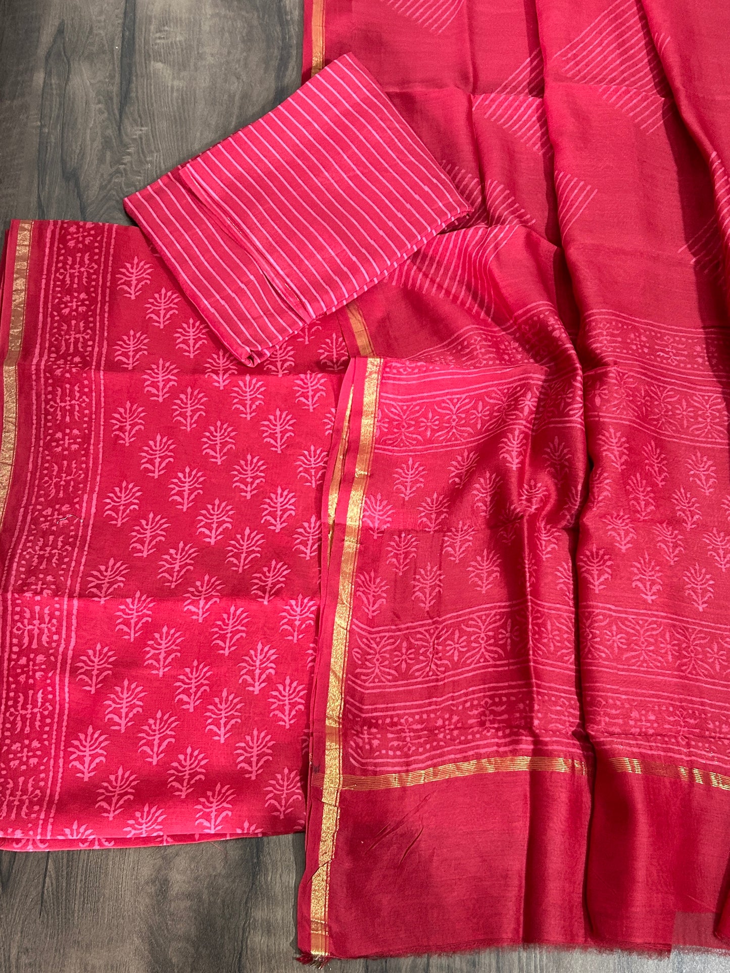 Hand Block Printed Chanderi Silk Cotton Dress Material with Shantoon Bottom