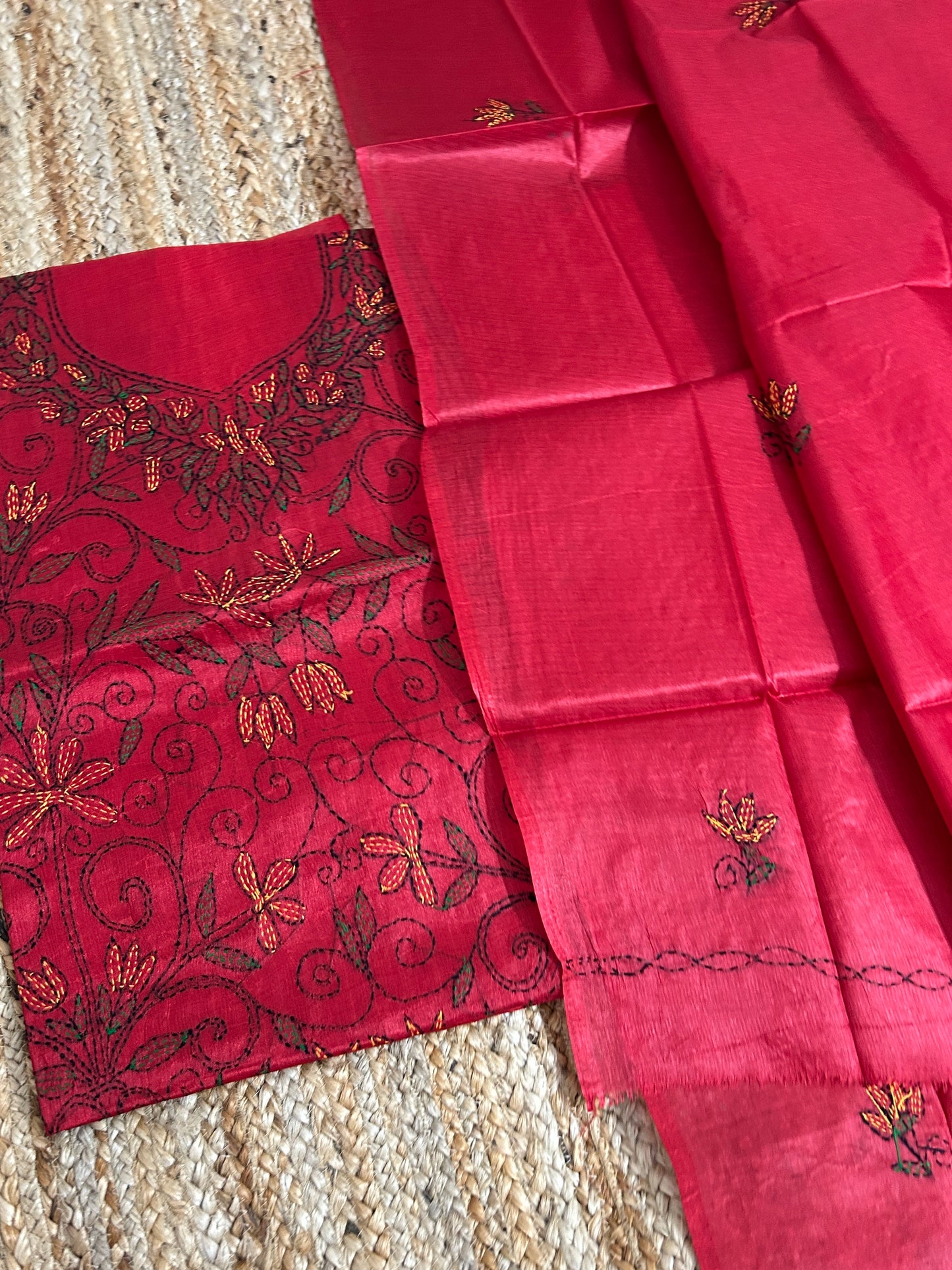 Tussar Silk Cotton Kantha Work top dupatta set