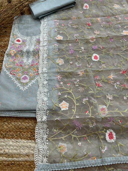Embroidered Cotton Dress Material with Embroidered Organza Dupatta
