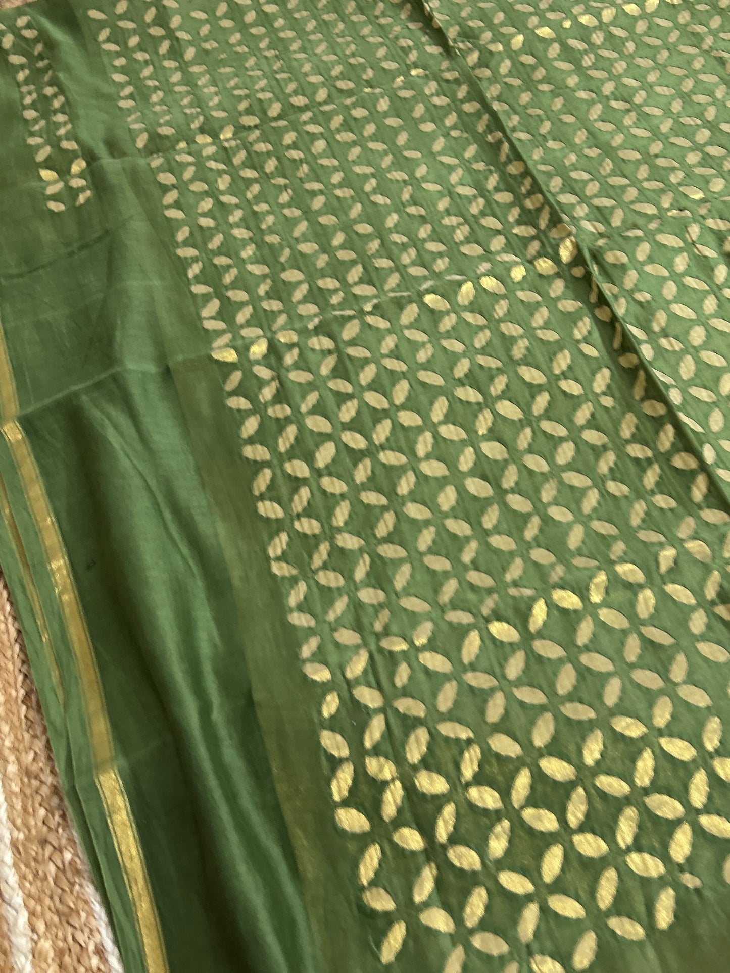 Green Appliqué Work Chanderi Silk Kurti Fabric