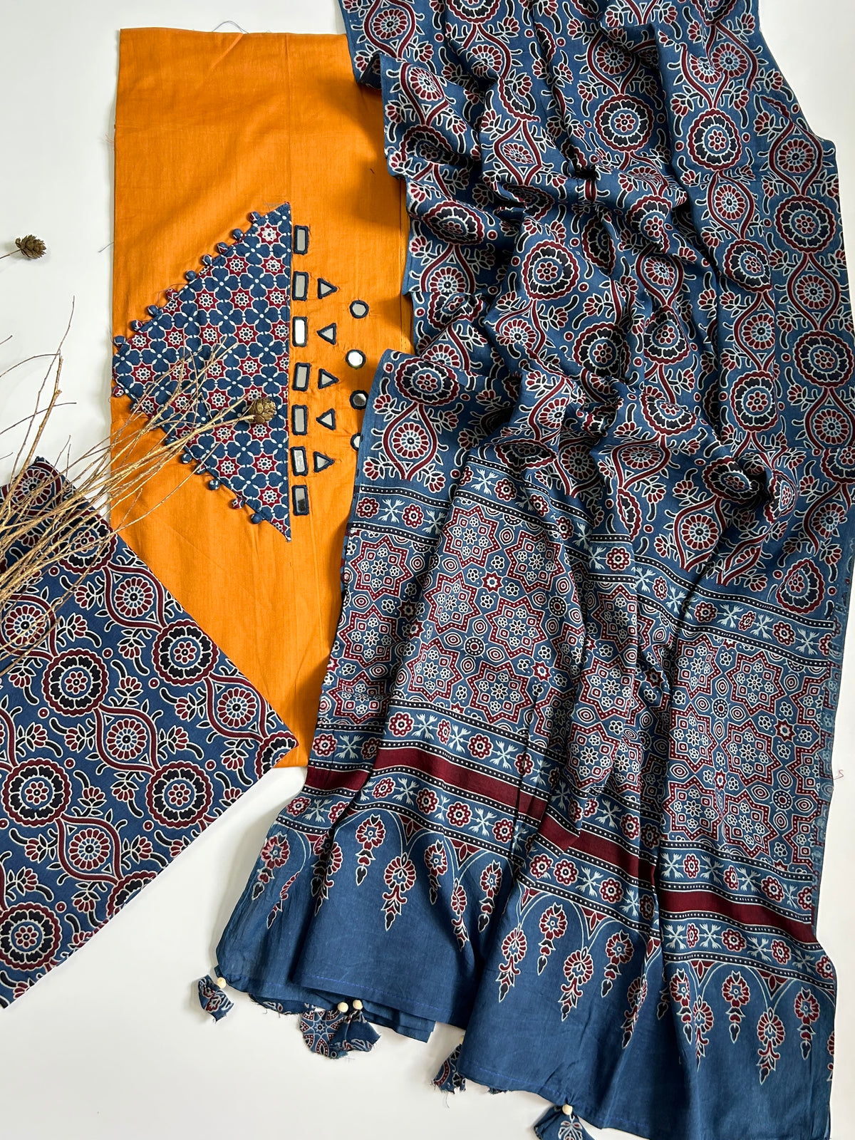 Ajrakh Cotton Dress Material with Original Mirror Work