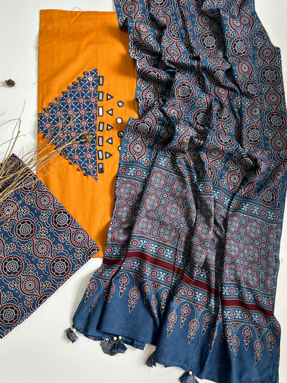 Ajrakh Cotton Dress Material with Original Mirror Work