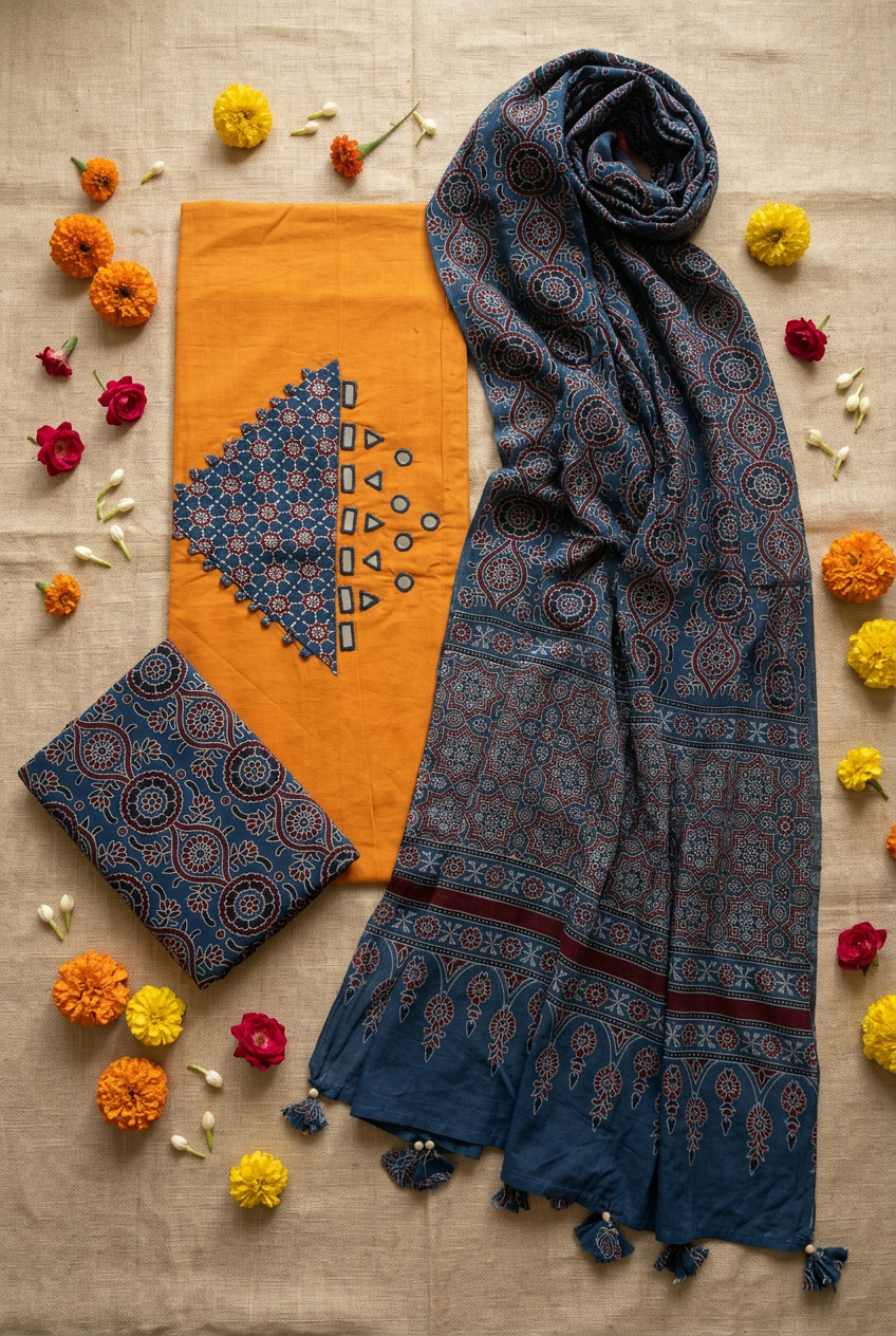 Ajrakh Cotton Dress Material with Original Mirror Work