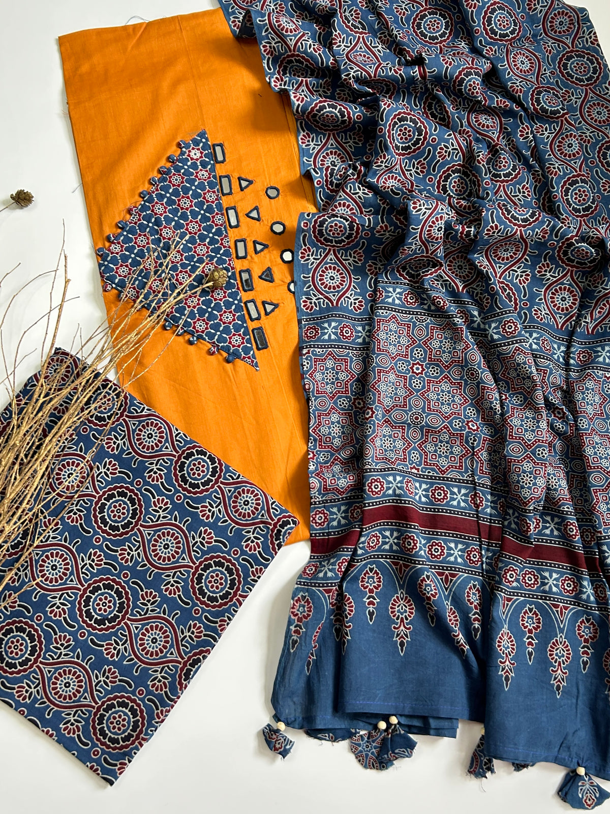 Ajrakh Cotton Dress Material with Original Mirror Work