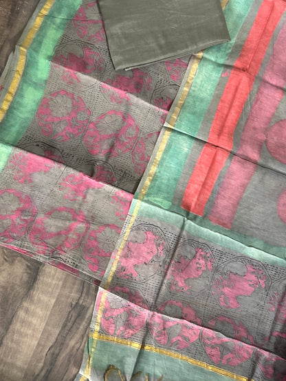 Hand Block Printed Chanderi Silk Cotton Dress Material with Shantoon Bottom