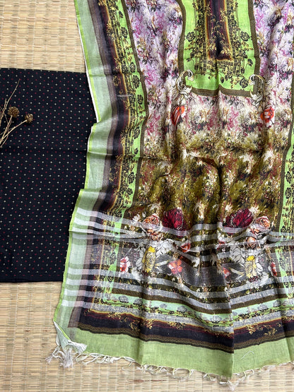 Handloom Cotton Weaving Bootis Top with Linen Dupatta