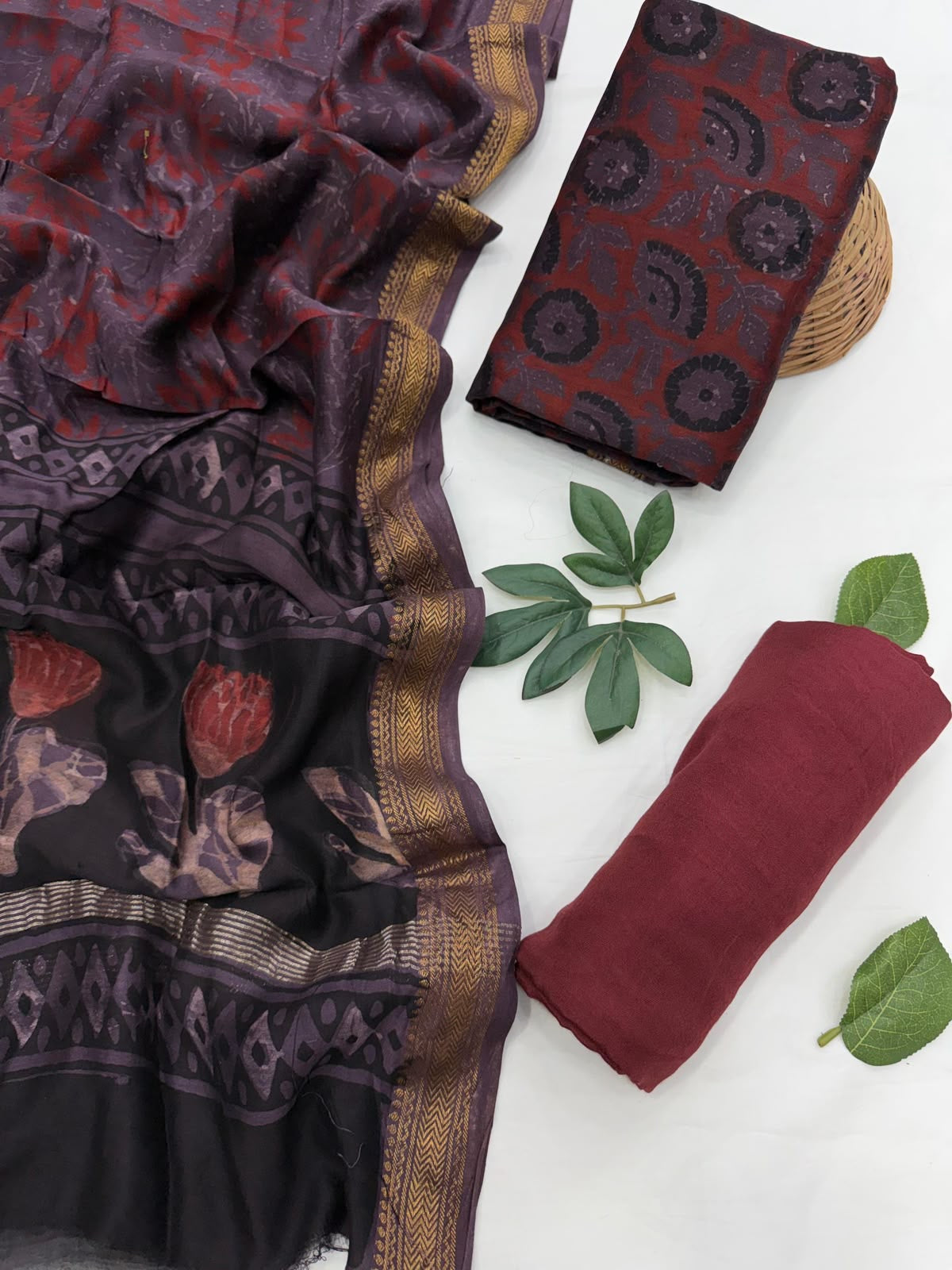 Hand Block Print Maheshwari Silk Dress Material with Shantoon Bottom