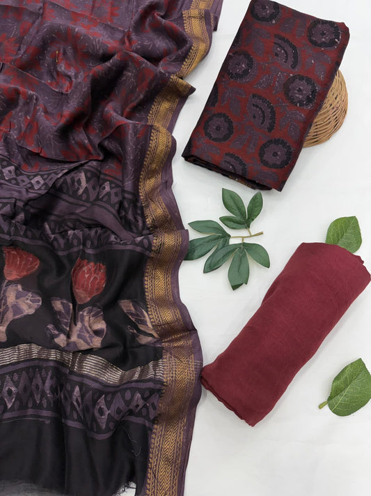 Hand Block Print Maheshwari Silk Dress Material with Shantoon Bottom