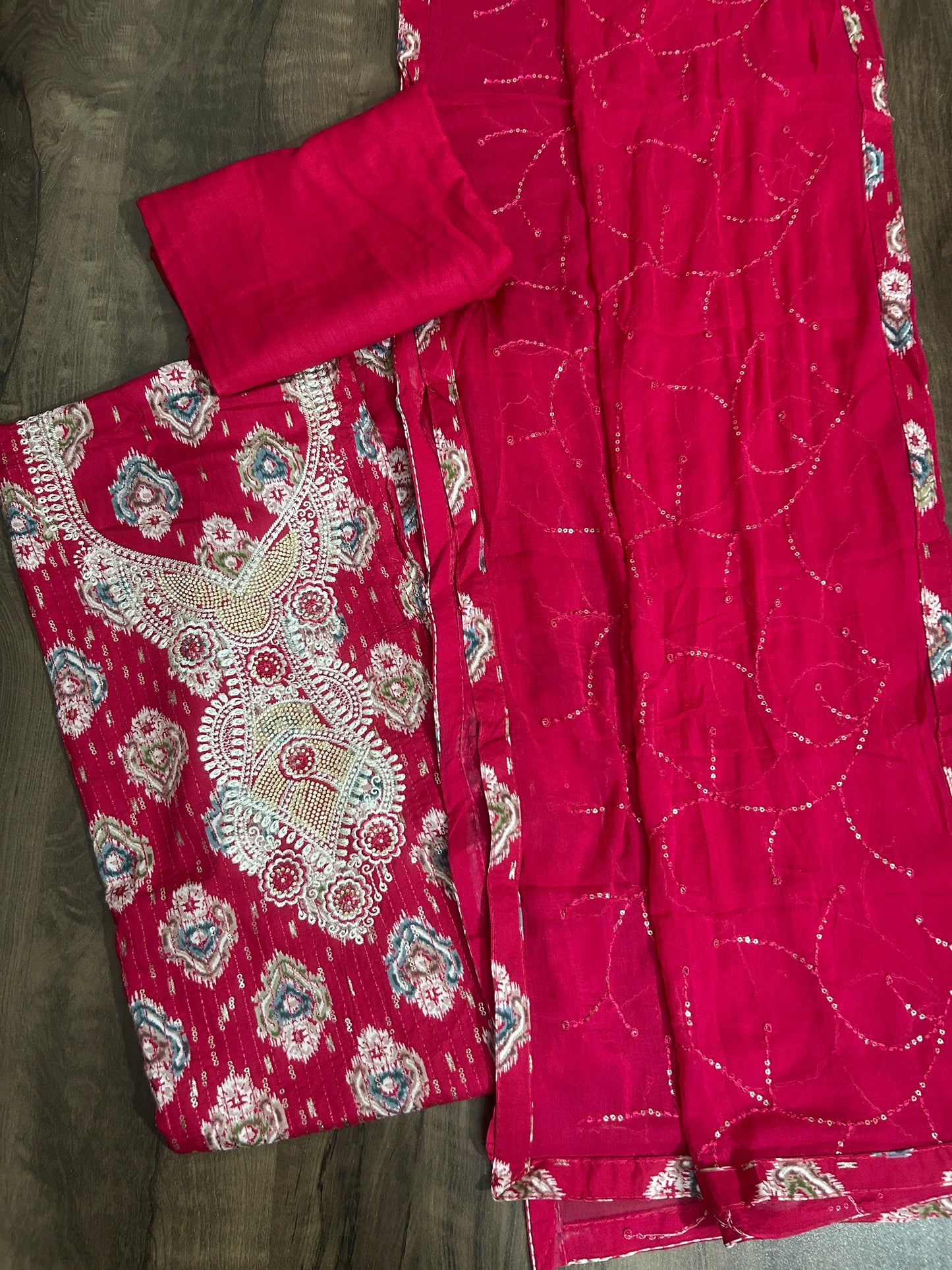 Embroidered Cotton Dress Material with Chiffon Dupatta