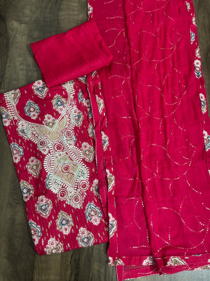 Embroidered Cotton Dress Material with Chiffon Dupatta