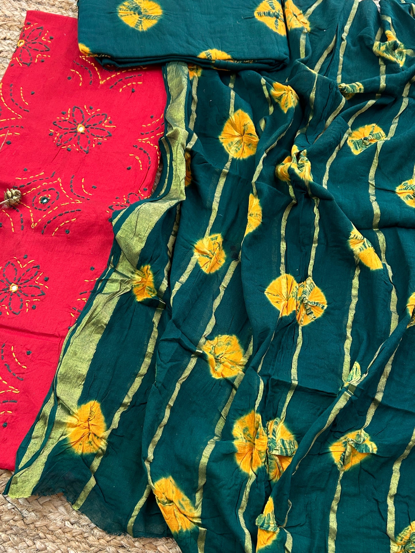Bandhej Cotton Embroidered Dress Material