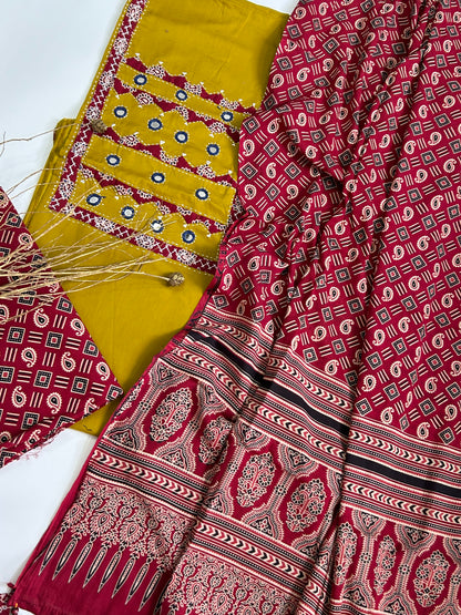 Ajrakh Cotton Dress Material with Original Mirror Work