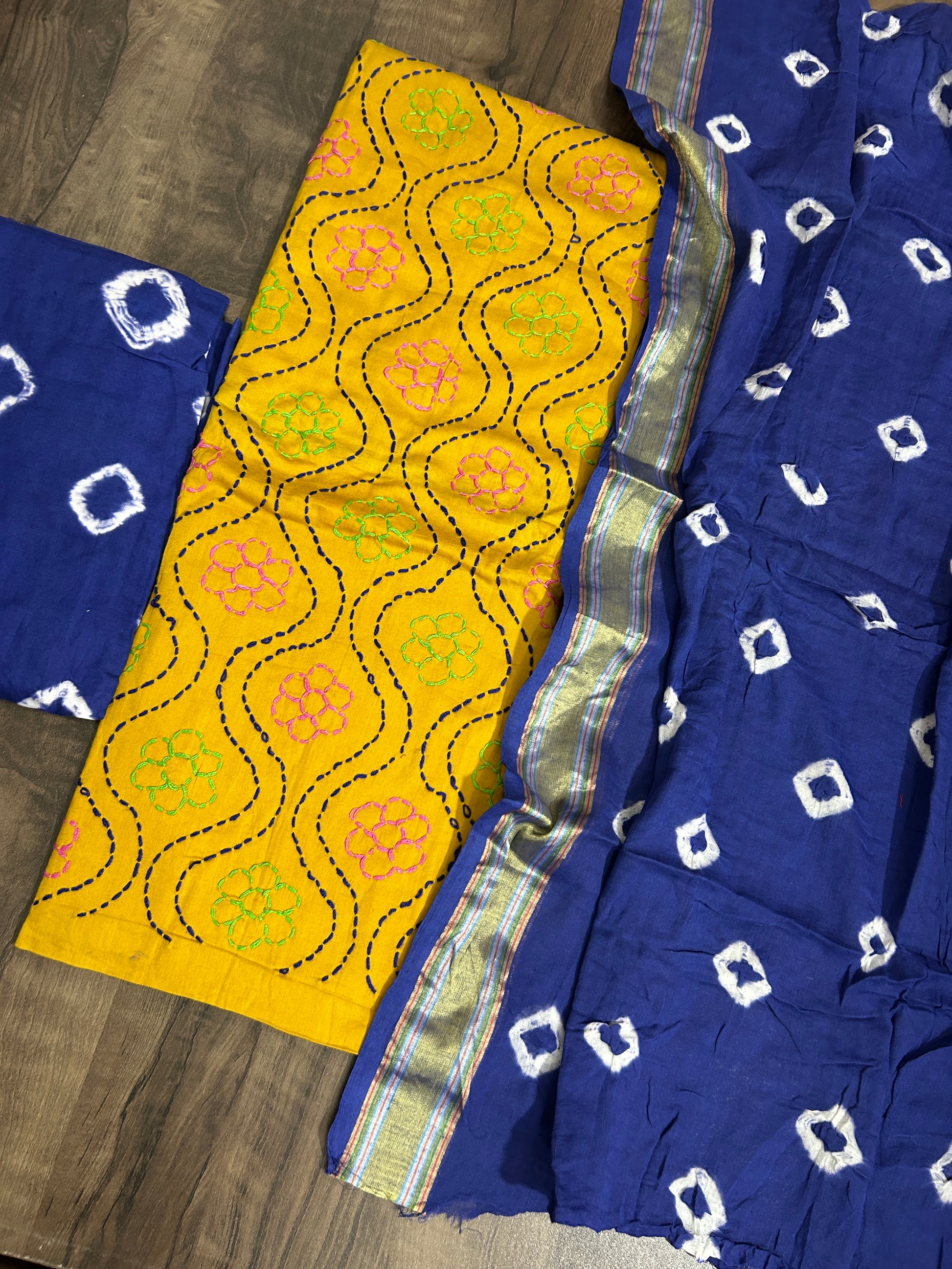 Embroidered Cotton Bandhej Dress Material