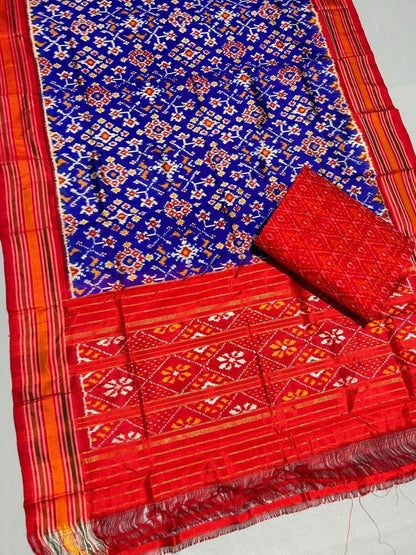 Red Blue Pochampally Pure Silk Dress Material