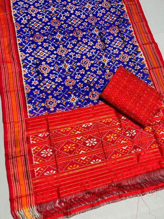 Red Blue Pochampally Pure Silk Dress Material