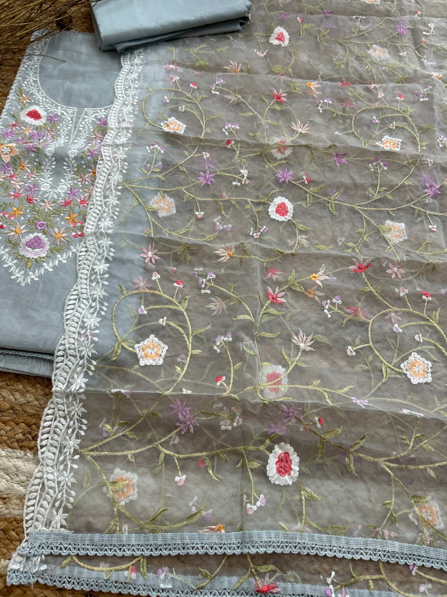 Embroidered Cotton Dress Material with Embroidered Organza Dupatta