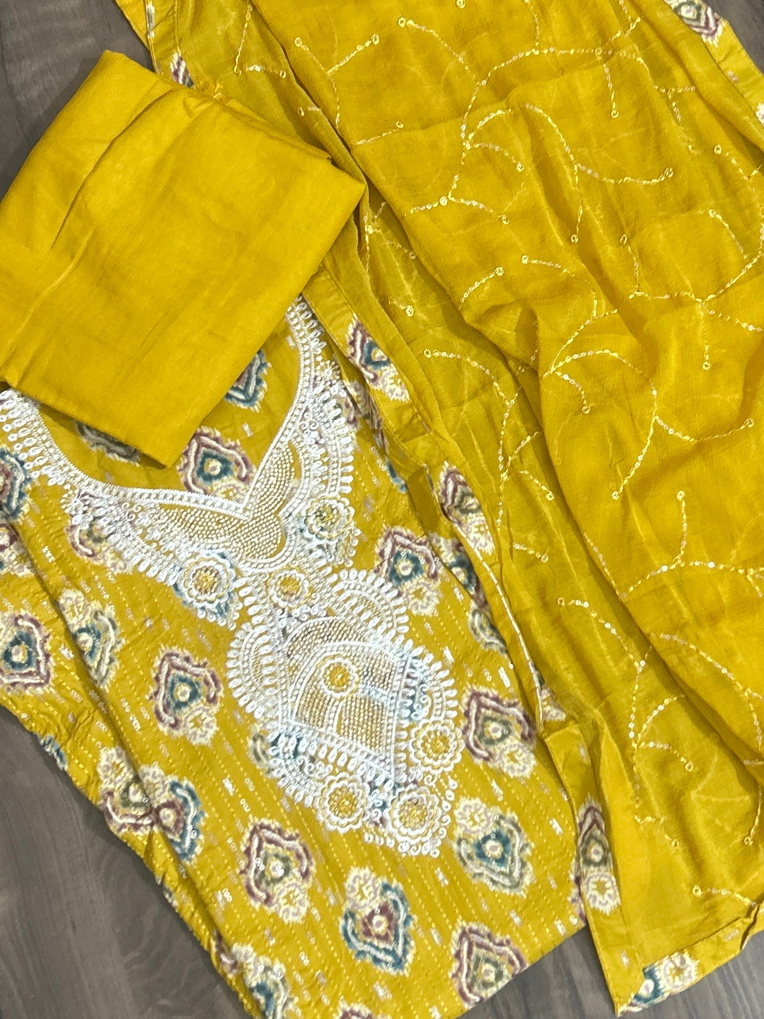 Yellow Embroidered Cotton Dress Material with Chiffon Dupatta