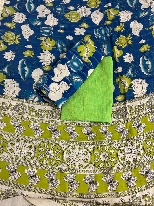 Green Blue Kalamkari Cotton Dress Material