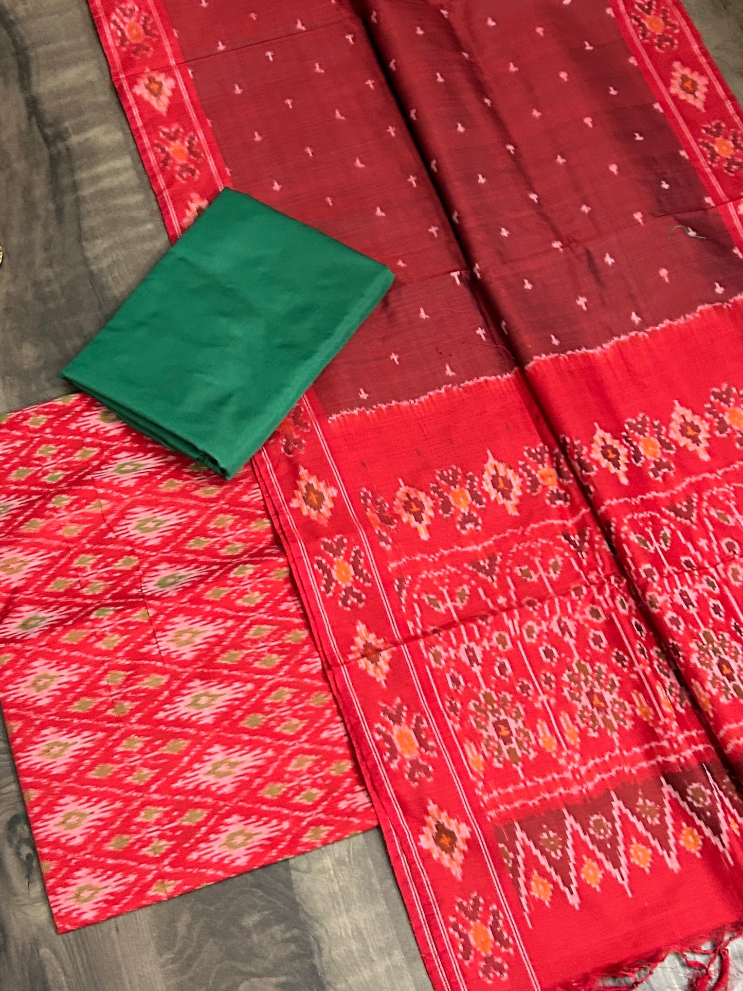 Red Green Ikat Handloom Pure Silk Cotton Dress Material *