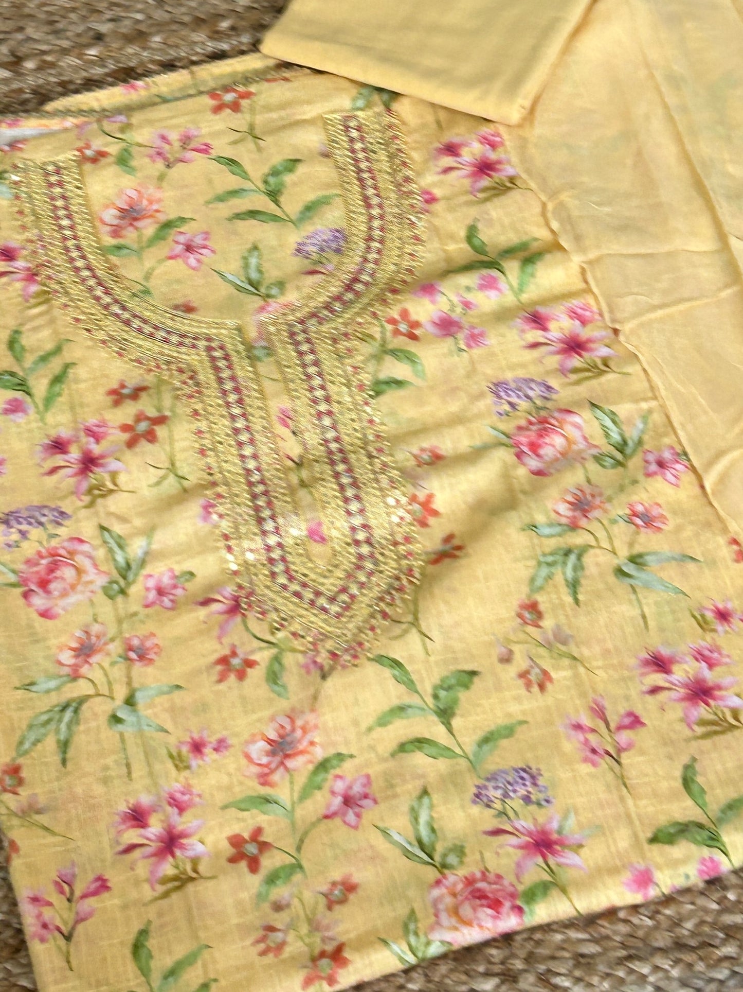 Linen Cotton HandWork Dress Material with Chiffon Dupatta