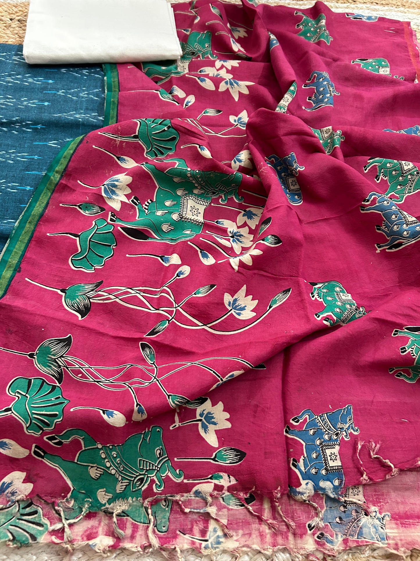 Ikat cotton dress material with kalamkari silk dupatta