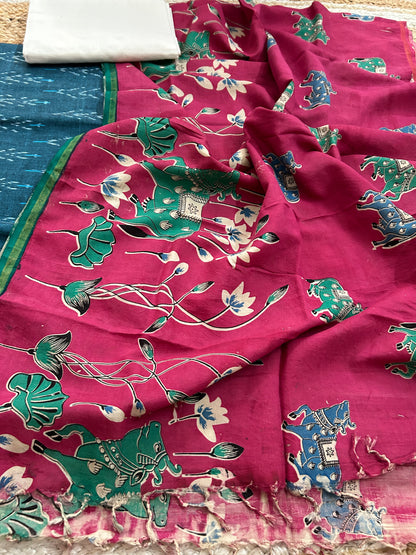 Ikat cotton dress material with kalamkari silk dupatta