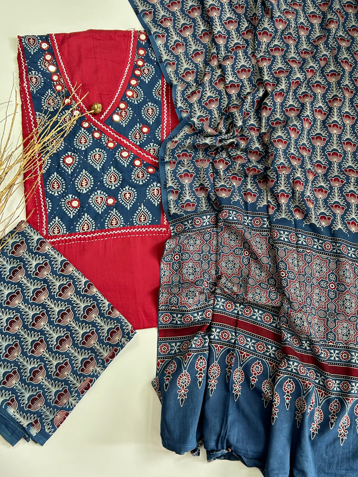 Ajrakh Cotton Dress Material with Original Mirror Work