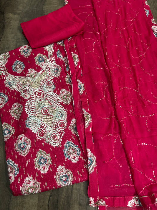 Embroidered Cotton Dress Material with Chiffon Dupatta