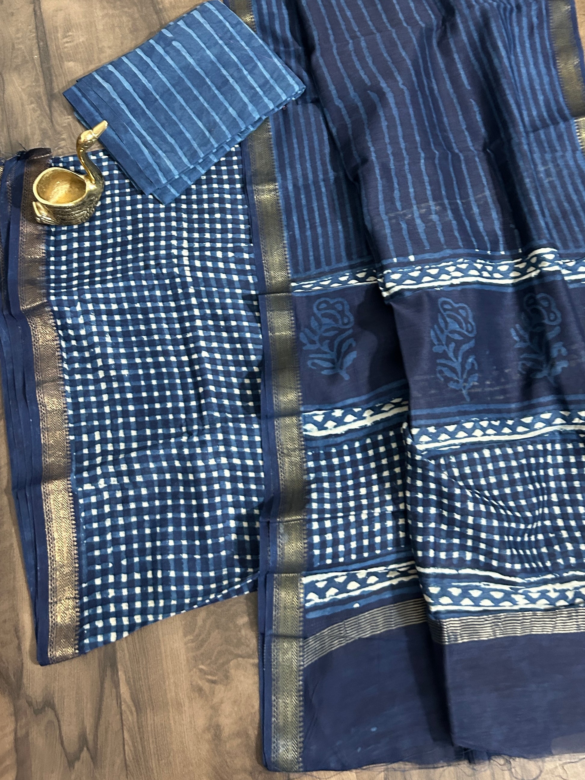 Indigo Hand BlockPrint Maheshwari Silk Cotton Dress Material