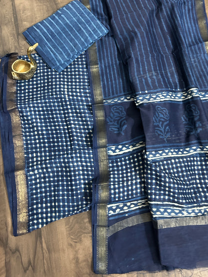 Indigo Hand BlockPrint Maheshwari Silk Cotton Dress Material