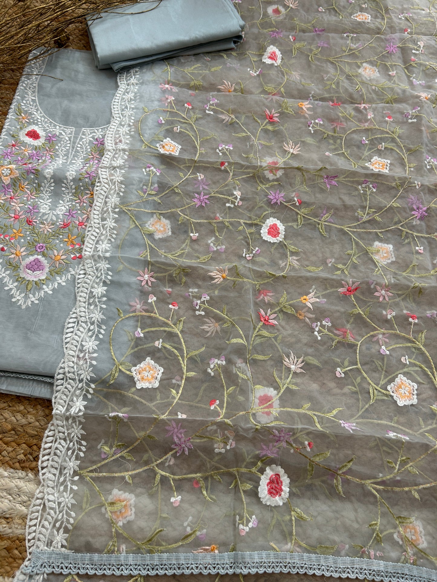 Embroidered Cotton Dress Material with Embroidered Organza Dupatta