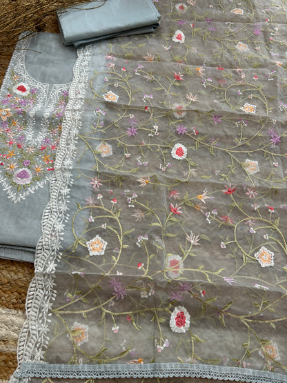 Embroidered Cotton Dress Material with Embroidered Organza Dupatta