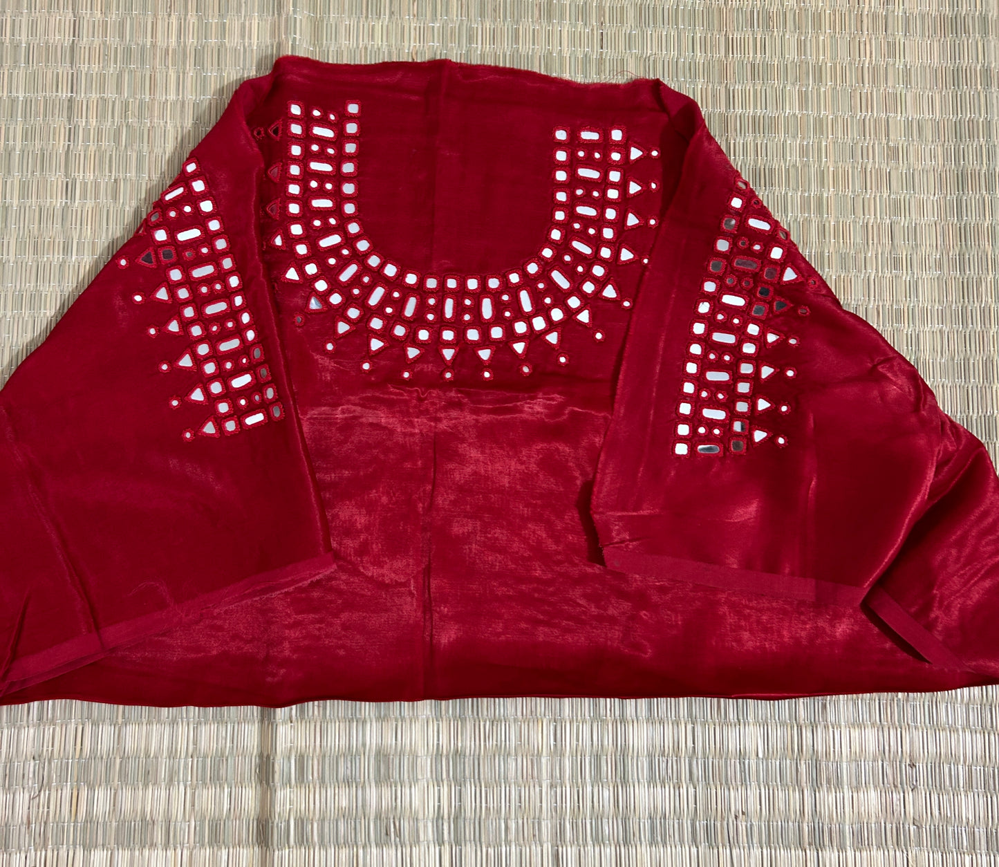 Deep red Mashroo Silk Mirror Work Blouse Piece