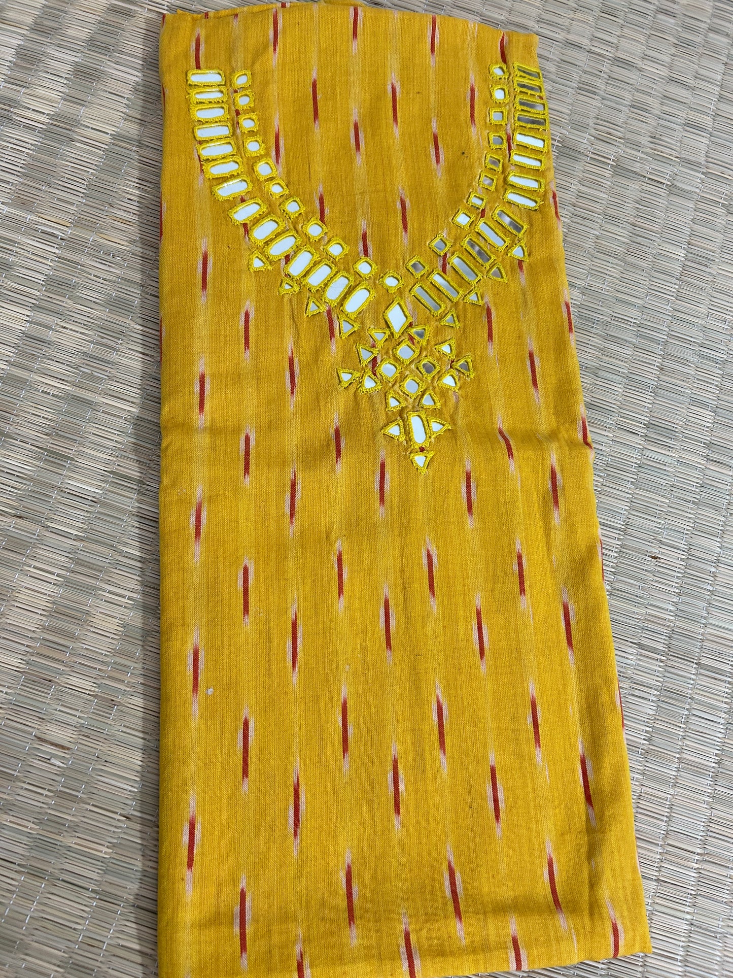 Peach Mirror Work Ikat Cotton Unstitched Kurti